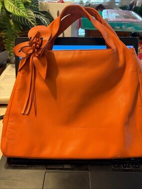 Paolo Masi Orange Leather Shoulder Bag with Flower Accent